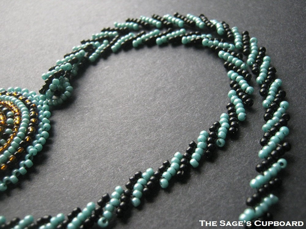 Turquoise Blue Pendant. Bead Embroidery Medallion with Black and Aqua Striped Chain
