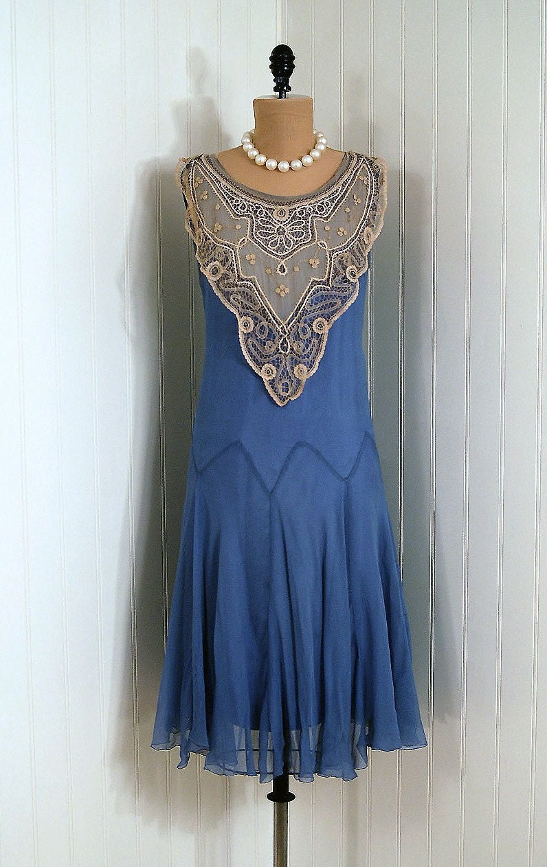 1920's Antique Vintage Elegant Periwinkle-Blue Silk Crepe-Chiffon Couture Ivory-White Embroidered Mixed-Lace Bib Collar French Flapper Drop-Waist Deco Wedding Party Cocktail Dress and Scarf