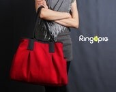 Sale-Ready To Ship- Red and Dark Grey Piping Canvas Tote Bag - 022