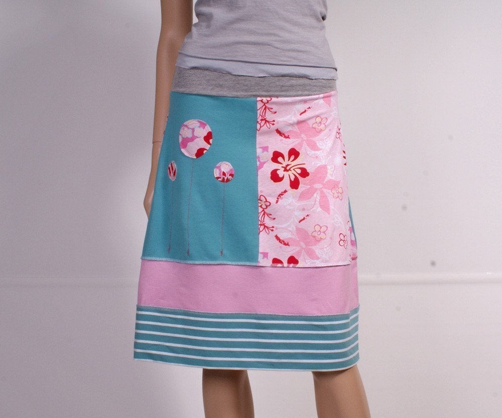 SALE - A-line cotton jersey skirt in pink, grey and blue -LAST ONE