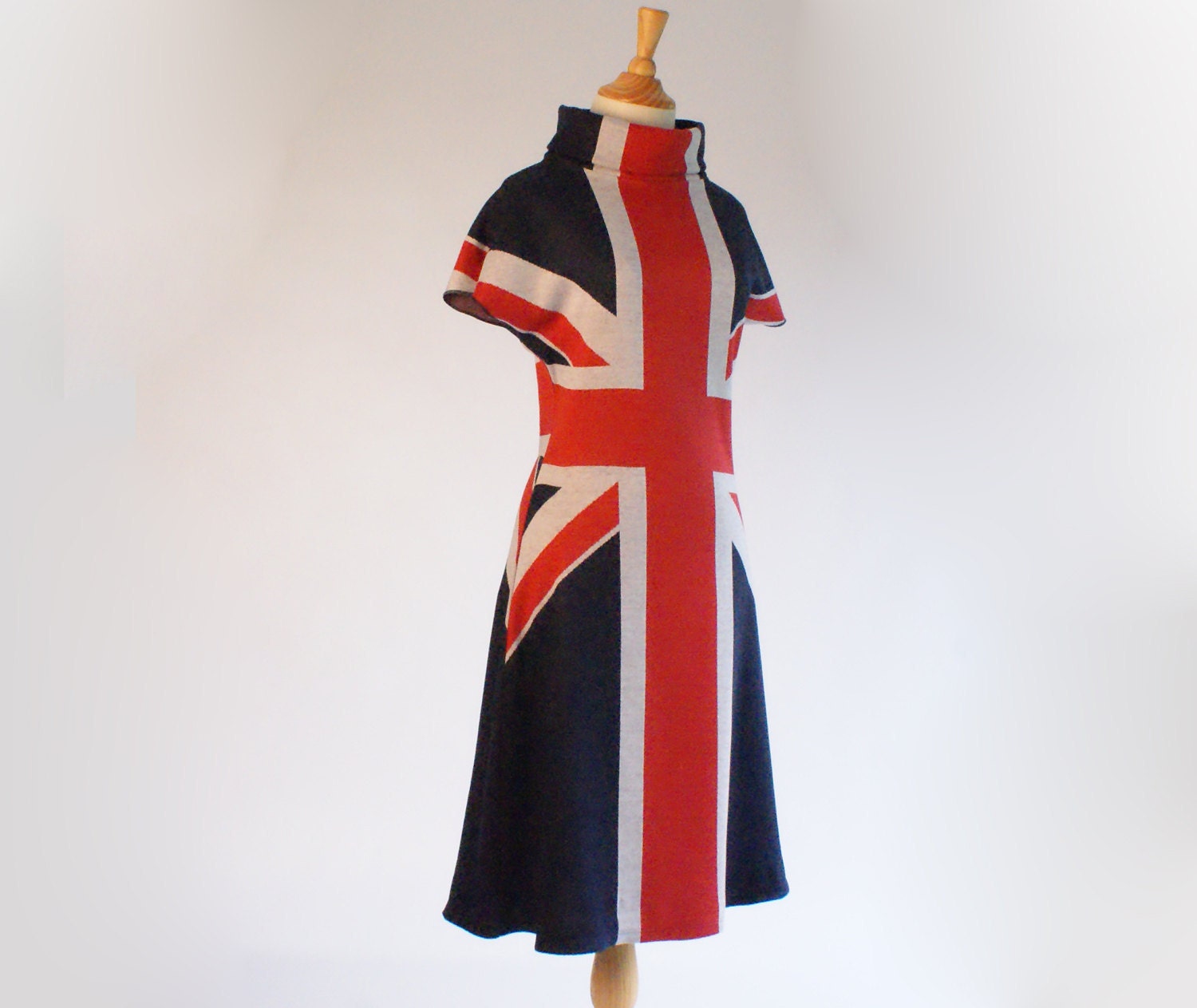 Mod dress vintage inspired dress with Union Jack and Jack Russell Terrier dog, red blue white color block knit fabric- Size S - Last one