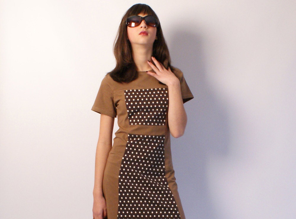 Retro dress, mod dress, 60s in two shades of brown and white polka dots, a-line, 1960s autumn Size XS