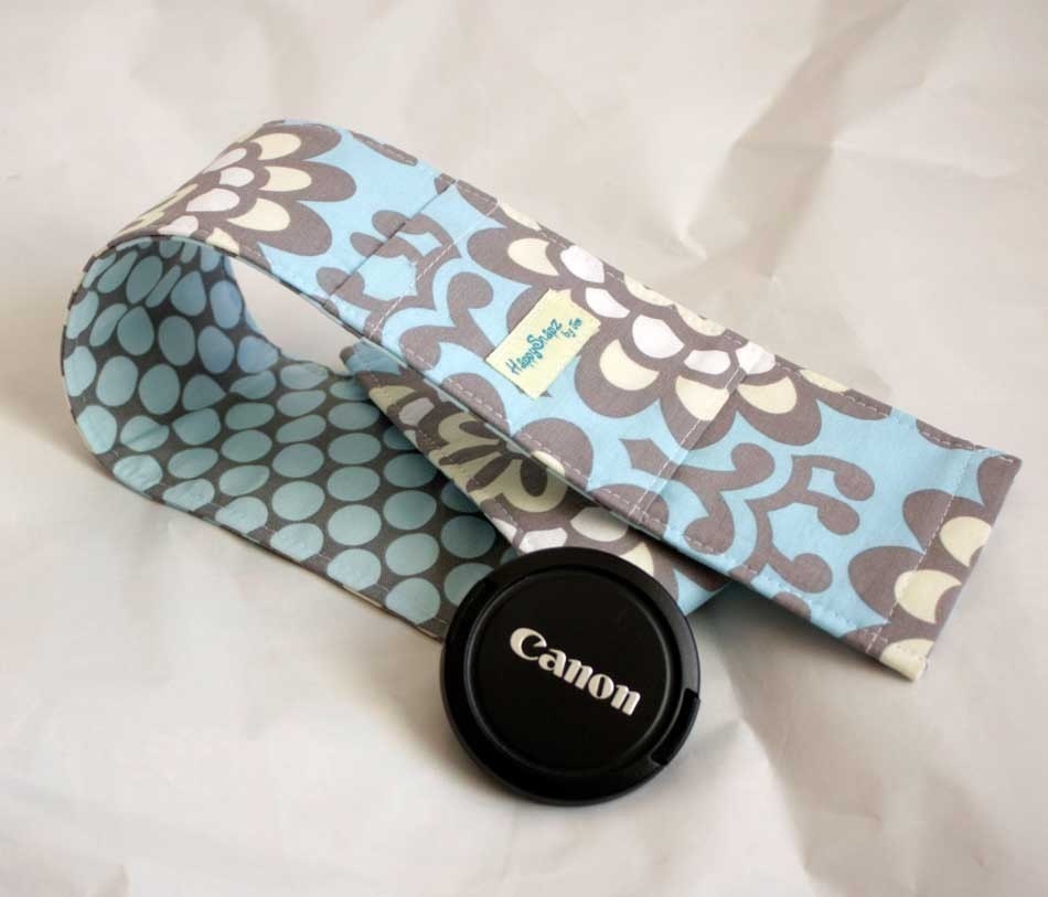 Camera Strap Cover with Padding and Lens Cap Pocket - Amy Butler Wallflower and Full Moon
