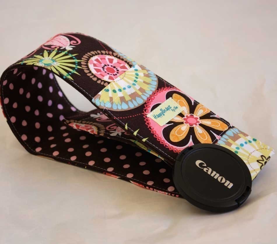 DSLR Camera Strap Cover, Padding and Lens Cap Pocket, Canon and Nikon Compatible- Carnival Bloom and Dumb Dot