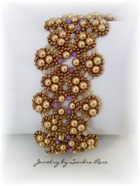 Beadwork Bracelet - Gold Bronze Lavender Beadweaving - Beaded Beadwoven Jewelry
