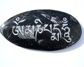 Mani Stone -Tibetan- Om mani padme hum chant Engraved on XL Orthoceras fossil in Silver