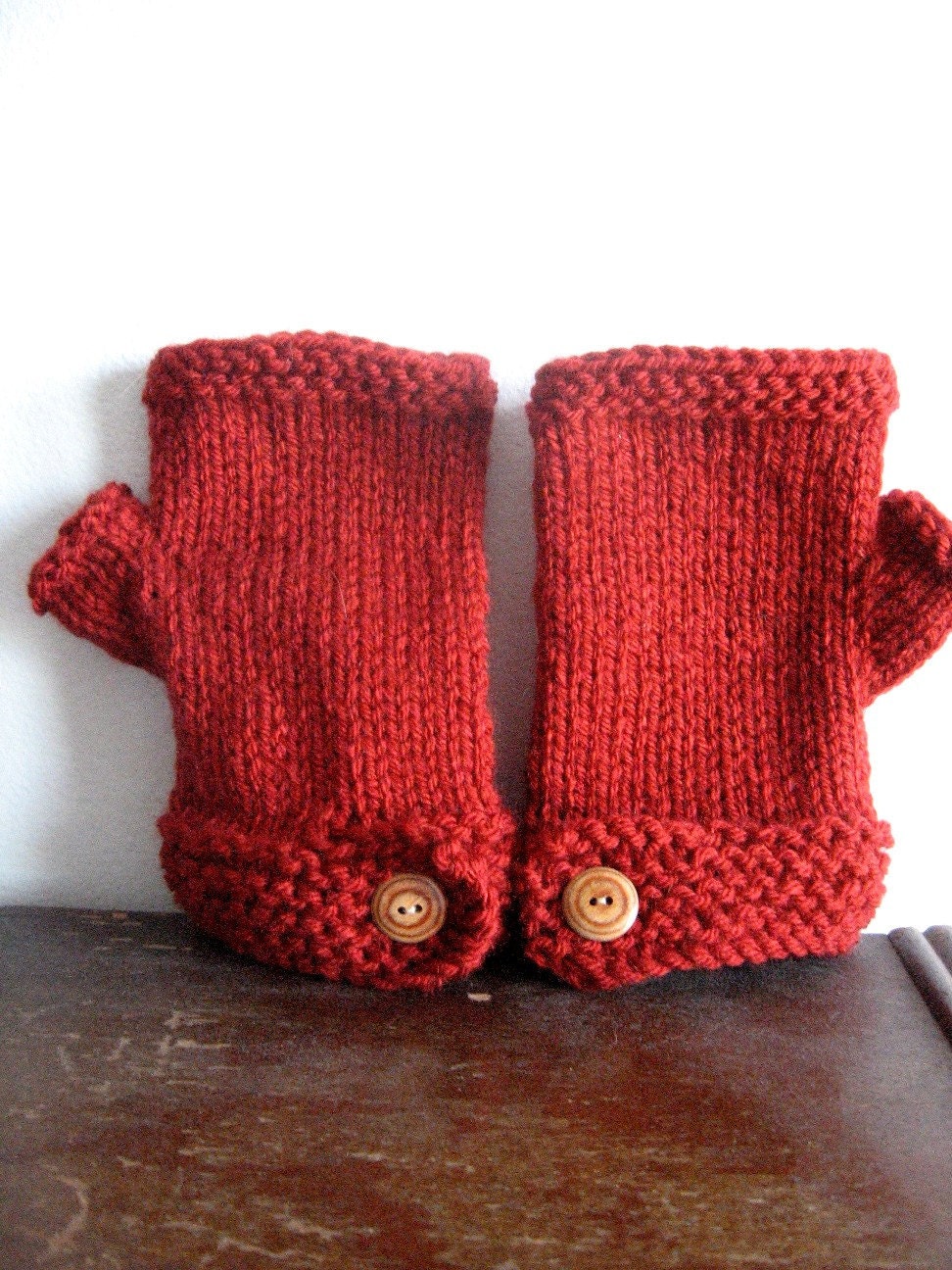 Brick Red Button Tab Fingerless Mitts Vegan Yarn Texting Gloves Hand Knit Accessories