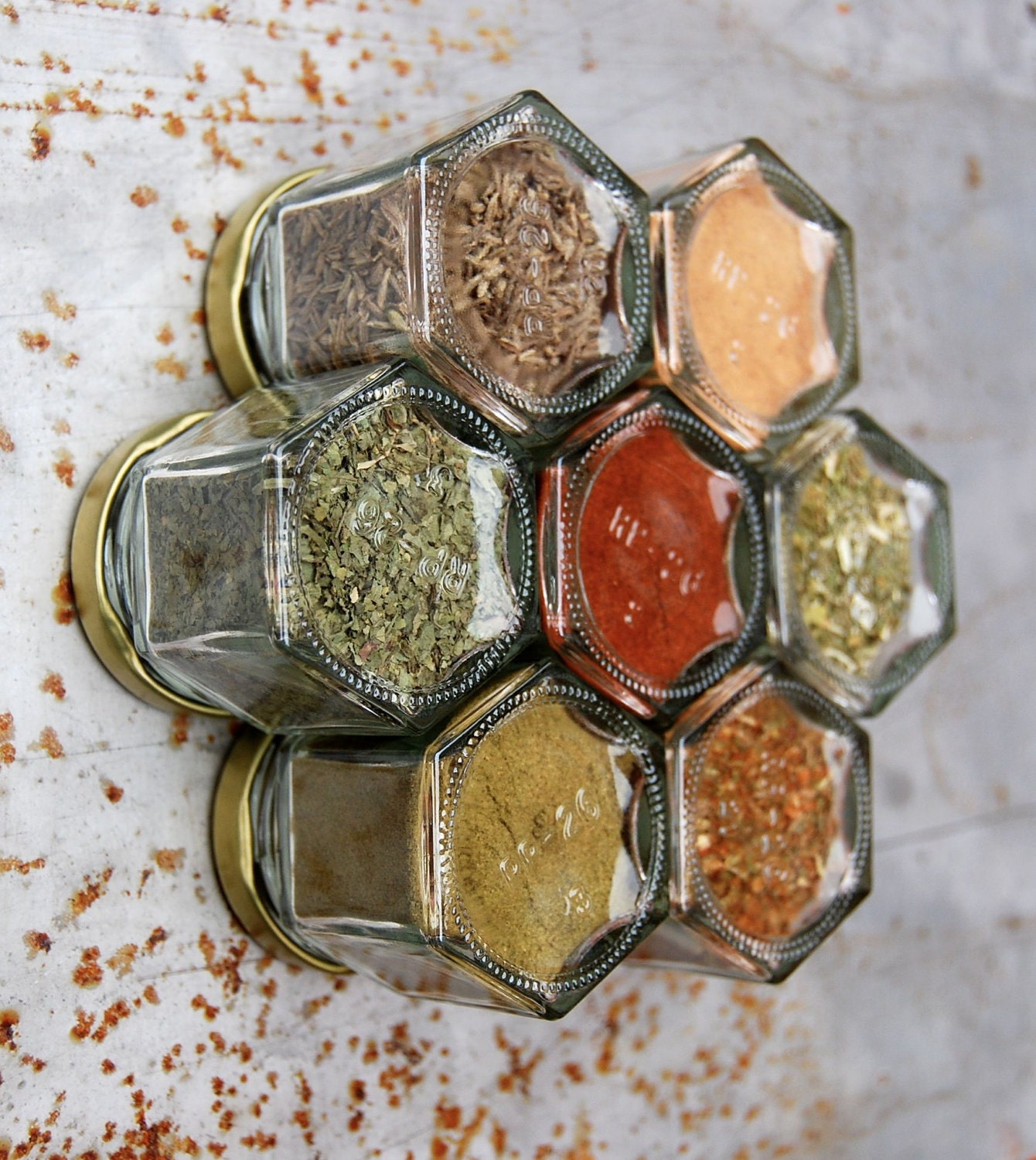 MEXICAN Spice Kit (7 EMBOSSED magnetic jars filled with ORGANIC spices). Free Shipping.