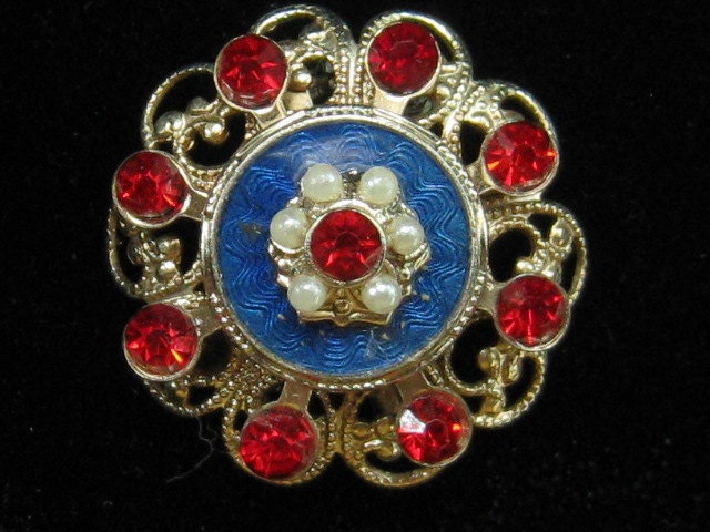 Vintage Blue Enamel Red Rhinestone Seed Pearl Flower Pin1950s