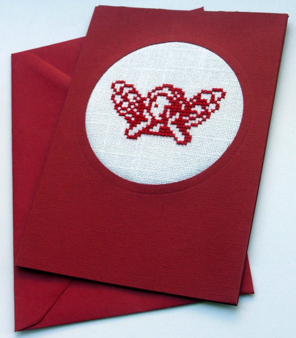 red cross stitch card embroidered angel