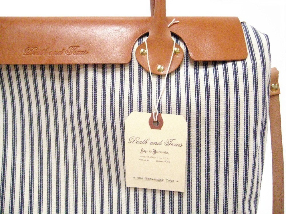 The Weekender Tote in Blue and White Striped Ticking