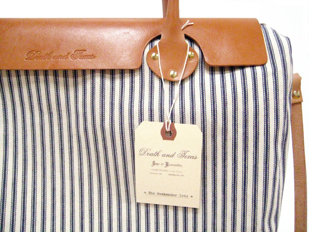Weekender Tote in Blue and White Striped Ticking