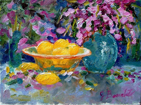 Art Print  of Oil Painting Impressionist Lemons and Lilacs 5x7 print  by J Beaudet