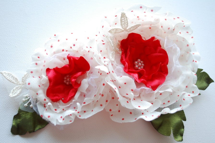 White with red-Polka dots fabric flowers-Set of two (2) handmade flowers-Brooch,comb,hair clip-Bride,bridesmaid