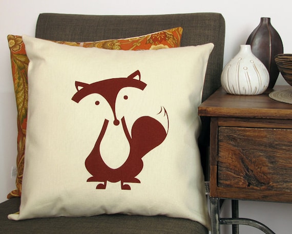 Fox Cotton Pillow Cover, Decorative Slip Cover, Autumn Sitting Fox Screenprint - Rust Orange, Toile Pattern Fabric (PCFX1)