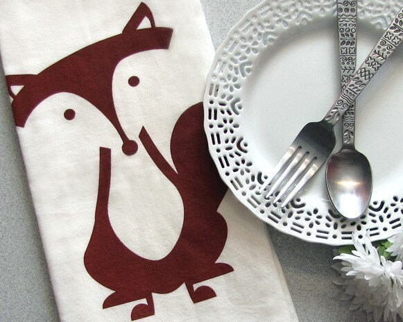 Fox Dish Towel Screenprint Kitchen Sitting Fox Autumn Fall Red Rust Orange (TT08)