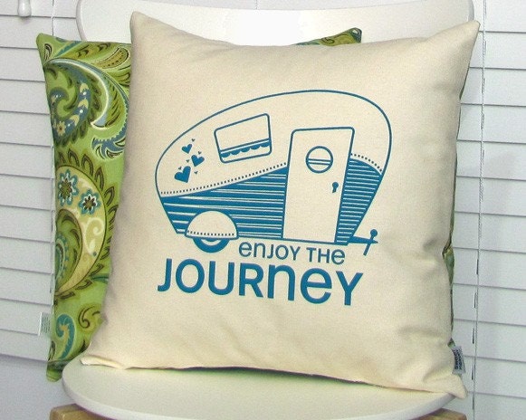 Camper pillow cover, Retro Camper Trailer Screen Print with Chartreuse Green Paisley Pattern (PCRC1)