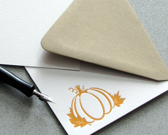 Pumpkin Stationery Set - Letterpress Flat Note Card Set - Oak Leaf, Maple Leaf, Orange, Fall, Autumn - 10 pack (NPU1)