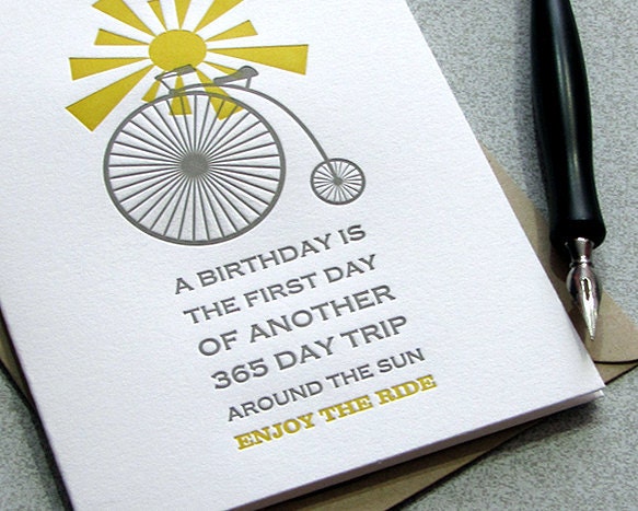 Bicycle Greeting Card: Happy Birthday Letterpress Card Set - Bike, Sunshine, Honey Gold, Yellow, Grey (Set of 3)