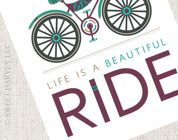 Bicycle Art - Bicycle Print - Retro Bicycle: Life Is A Beautiful Ride - Tan, Taupe, Beige, Khaki, Purple, Aqua Blue, 8 x 10 Poster