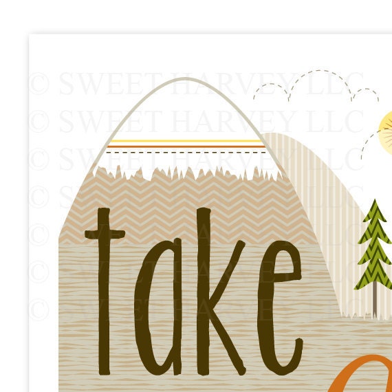 Take a Hike Poster: Summer Camping Print - Mountains, Evergreen Tree, Squirrel - Typography, Chevron, Stripes - Men - Brown, Orange 8 x 10