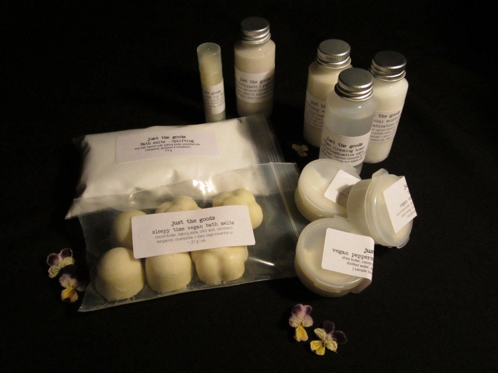 Vegan Skin Care and Home Spa Kit -- "Welcome to Just the Goods" -- Choose your samples