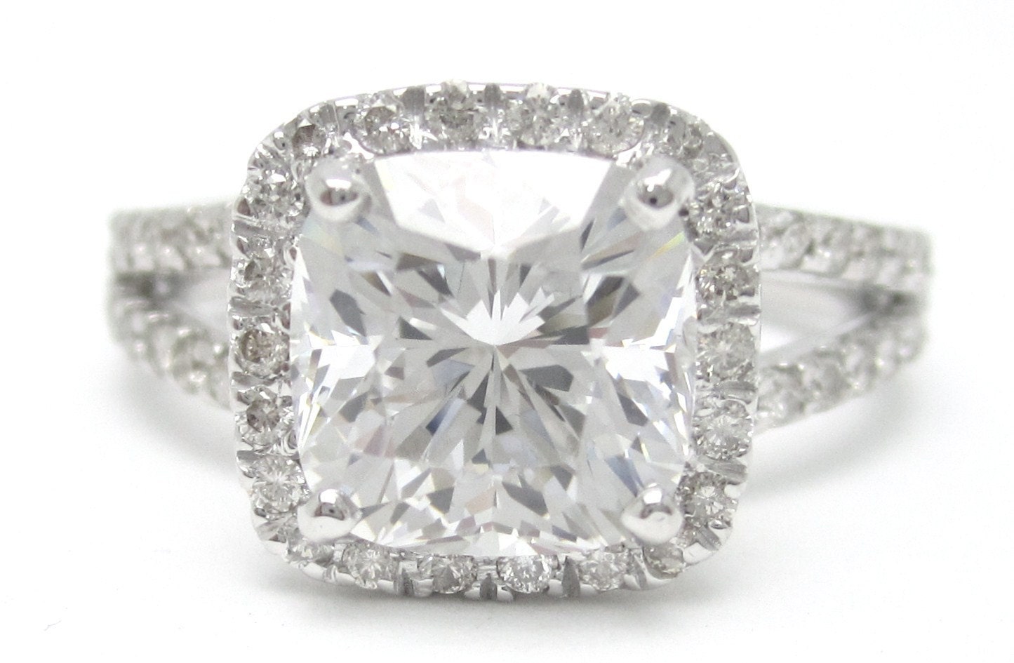 3.25ctw CUSHION cut split shank style diamond engagement ring 14k white gold