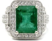 Antique style EMERALD cut Emerald & Diamonds engagement ring EMR101
