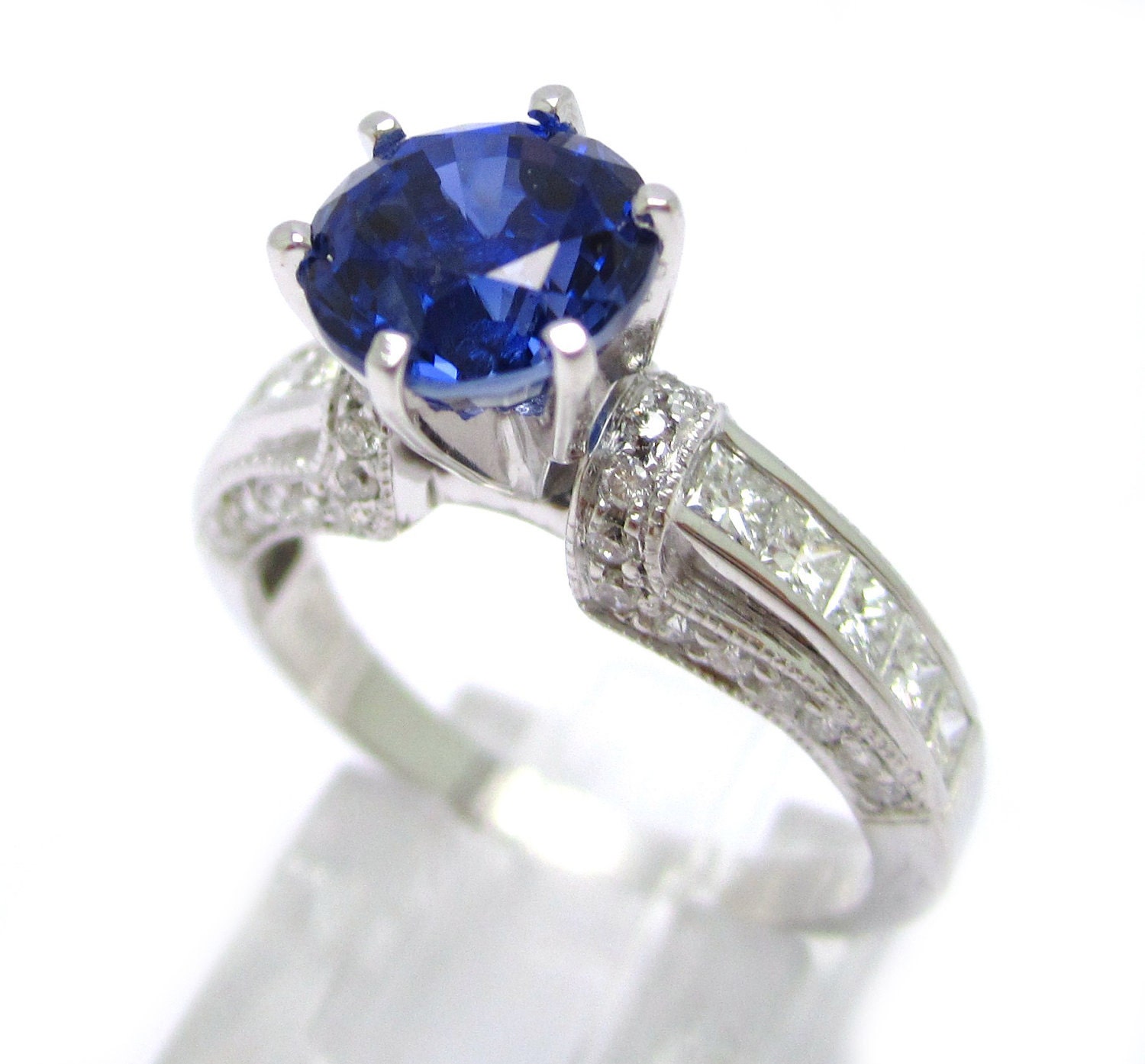 2.37ctw ROUND cutt medium blue SAPPHIRE & Diamonds engagement ring SA2100