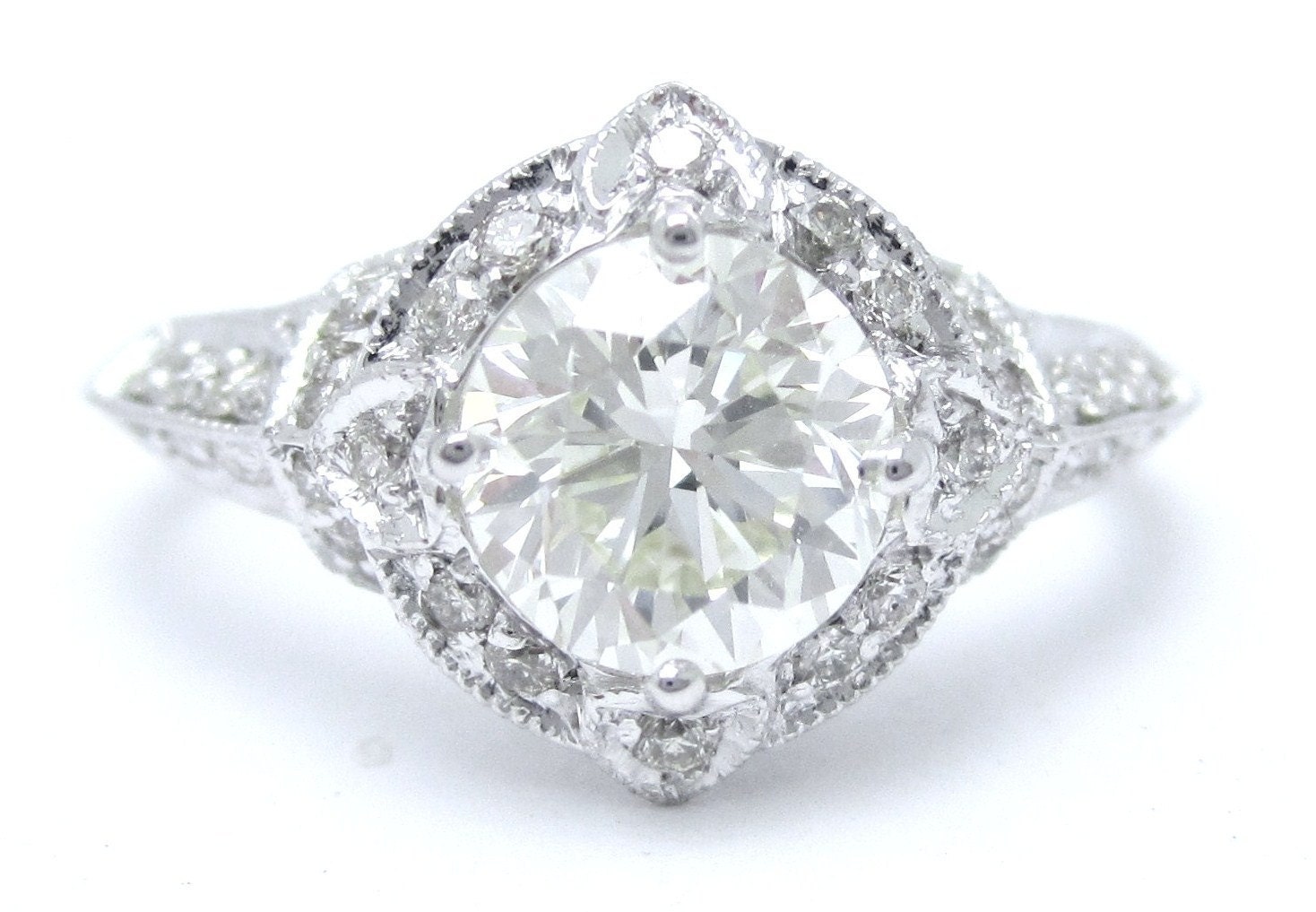 ROUND cut ANTQUE style diamond engagement ring 1.21ctw 14k white gold