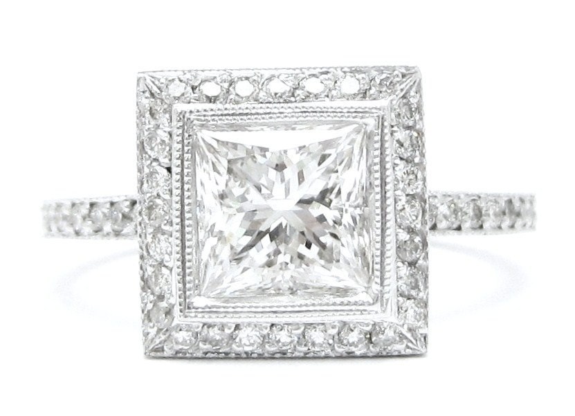 1.85ctw PRINCESS cut bezel set RITANI style diamond engagement ring 14k white gold