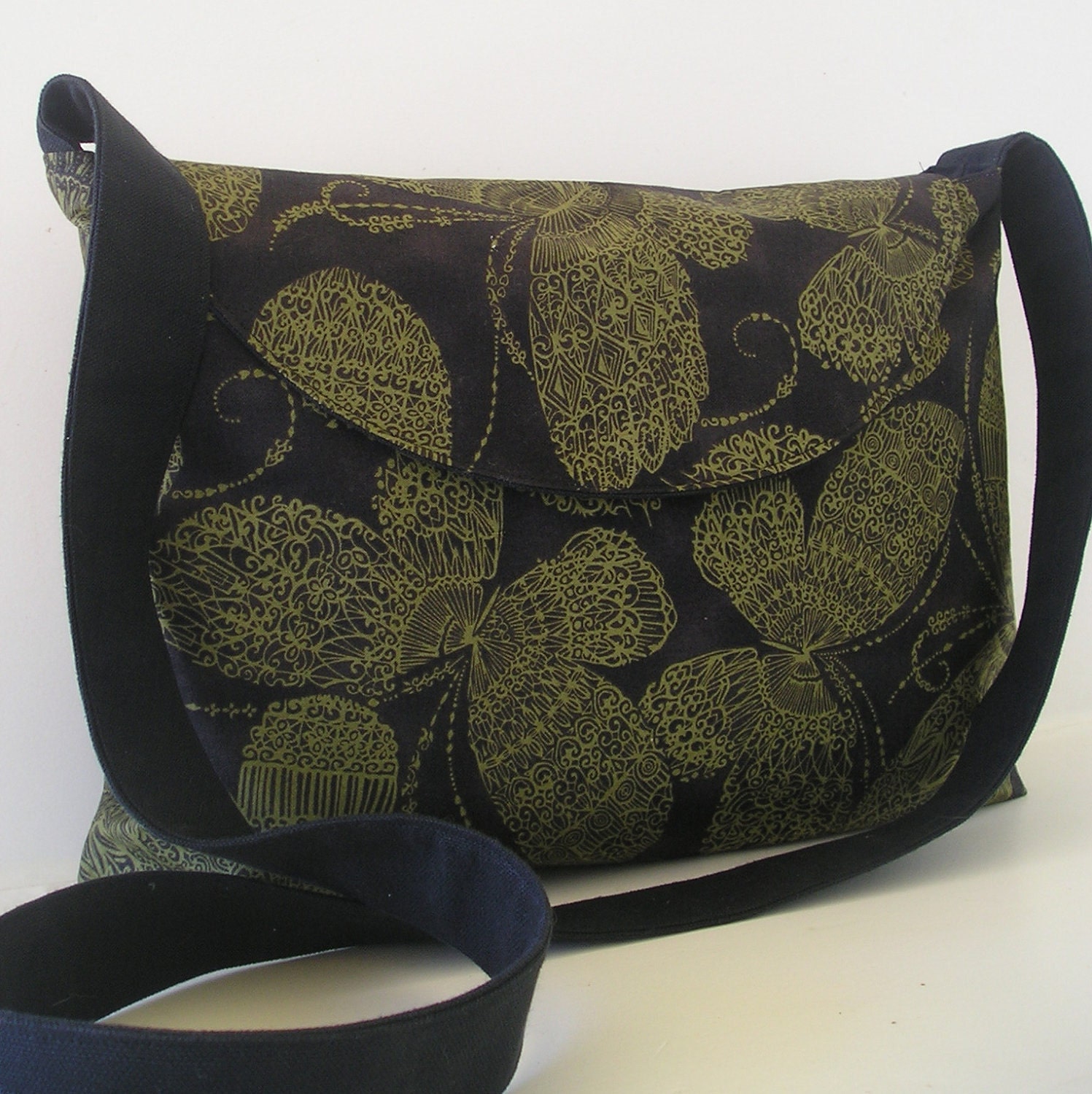 Messenger Bag in Green Butterfly design and Black