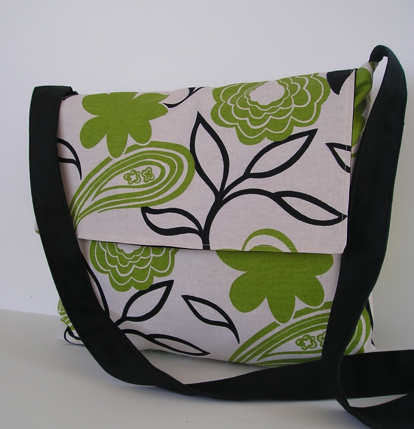 Messenger Bag / Crossbody Bag / Diaper Bag / iPad / Laptop Green and Black Floral