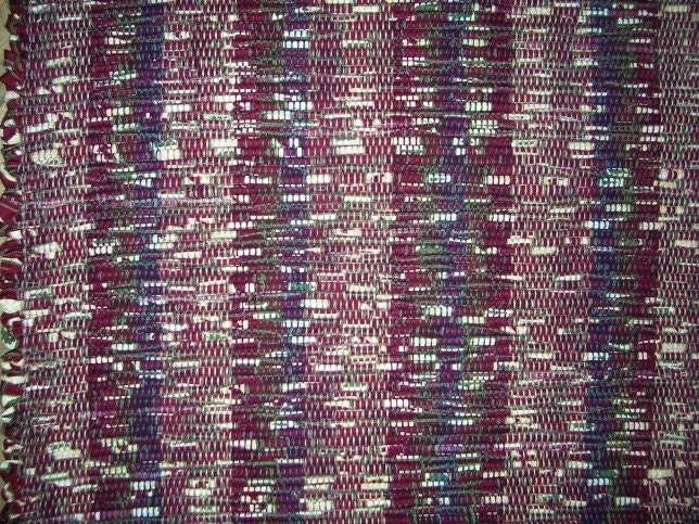Handwoven Rag Rug - Wine, Cream, Blue Green  (Inv. ID 1-0280)