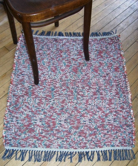 Cotton Flannel Rag Rug, Handwoven - Rust, Turquoise, White, Black Multi (Inv.ID 6-0570)