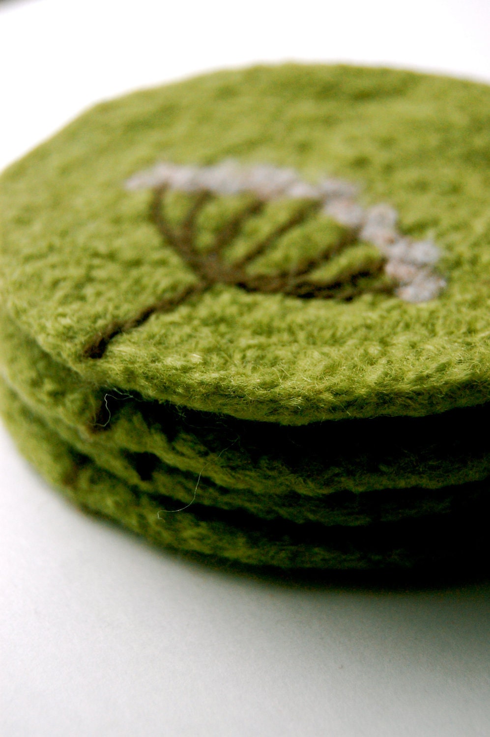 Felted Coasters, Wool, Queen Anne's Lace in Lime Green, Set of 4