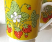 Vintage Mugs Pedestal Strawberry Yellow Ceramic Mod Coffee Set of Two