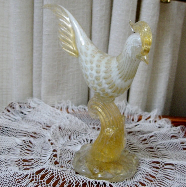 Vintage Murano Art Glass Bird White Gold Flecks