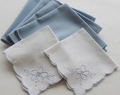 Vintage Cloth Napkins Cotton Embroidered Floral and Solid Blue Six