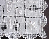 Vintage Embroidered Handkerchief Drawn Work Linen Hanky Netted Embroidery Wedding White