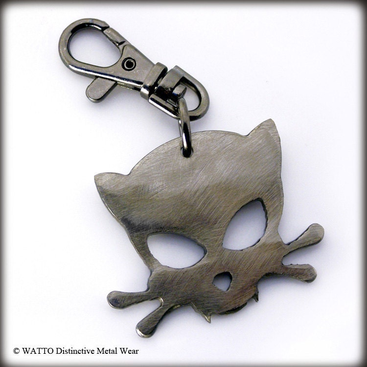 Outlaw Kitty Keychain by WATTO Distinctive Metal Wear Handmade Charm on Gunmetal Keychain / Keybob