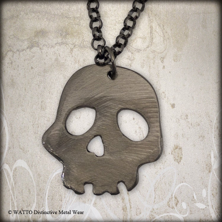 Silver Metal Skull Pendant on Gunmetal Chain by WATTO Distinctive Metal Wear