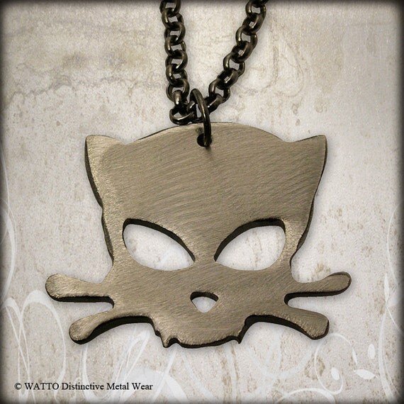 Metal Outlaw Kitty Pendant on Gunmetal Chain by WATTO Distinctive Metal Wear