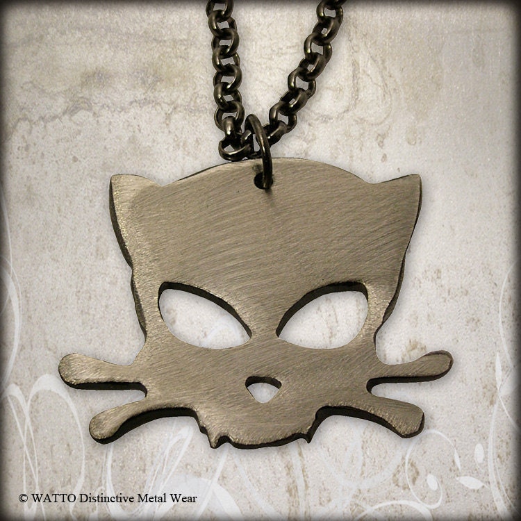 Metal Outlaw Kitty Pendant on Gunmetal Chain by WATTO Distinctive Metal Wear