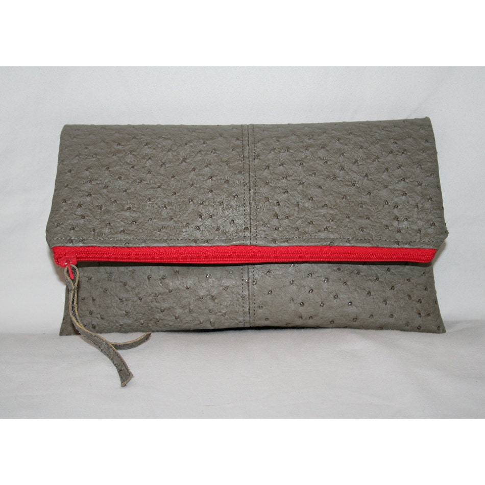 FOLDOVER Clutch Pewter Faux Leather Ostrich - Steel Grey Leather Bag - Eco-friendly