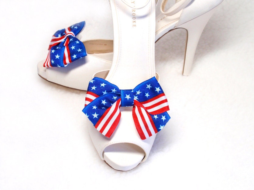 Patriotic Shoe clips- Ribbon Navy Blue, White, Stars and Red, USA