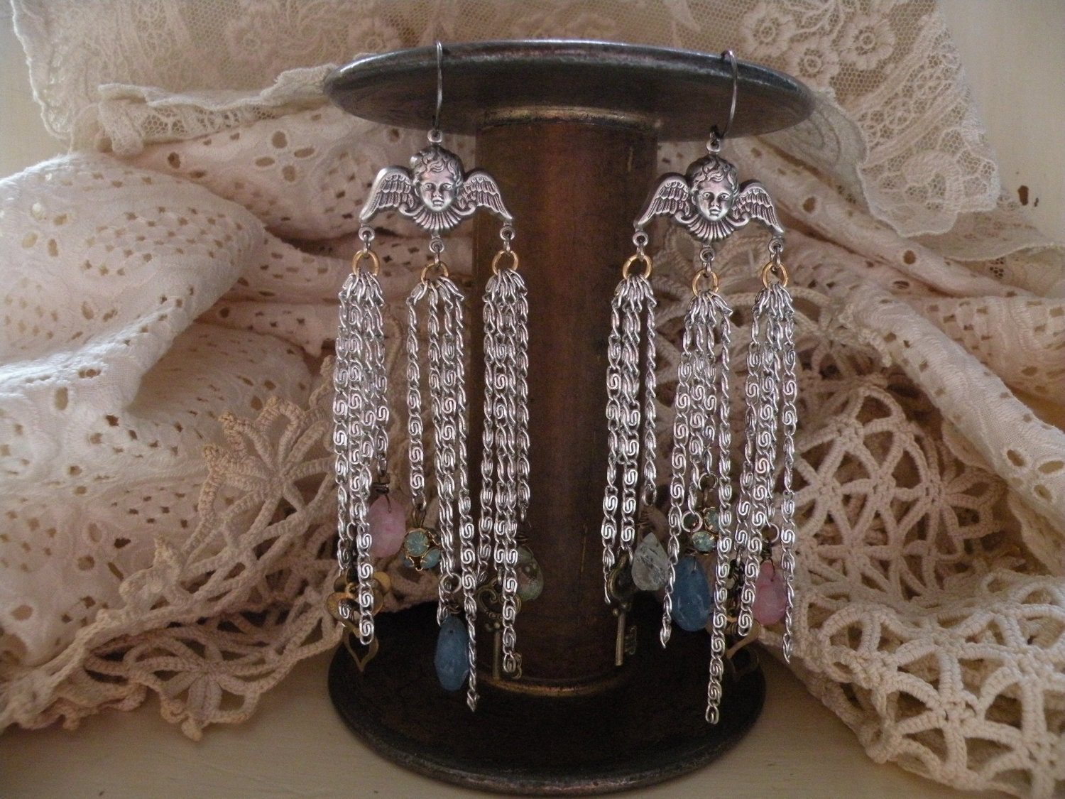 ANGELIC vintage assemblage earrings religious ooak one of a kind natural stones fringe tangles