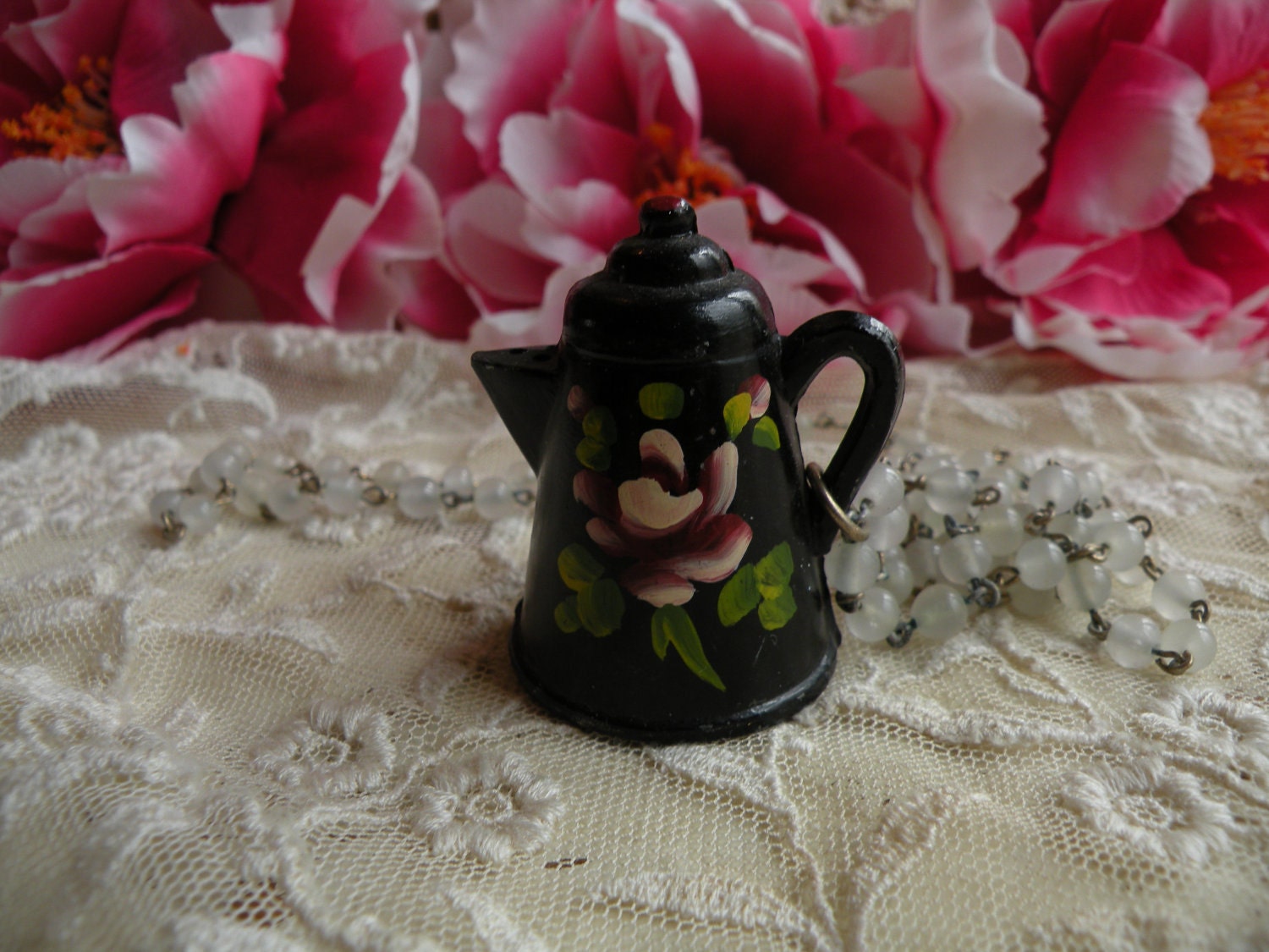 reserved BREW vintage assemblage necklace old black coffee pot ooak one of a kind shabby chic