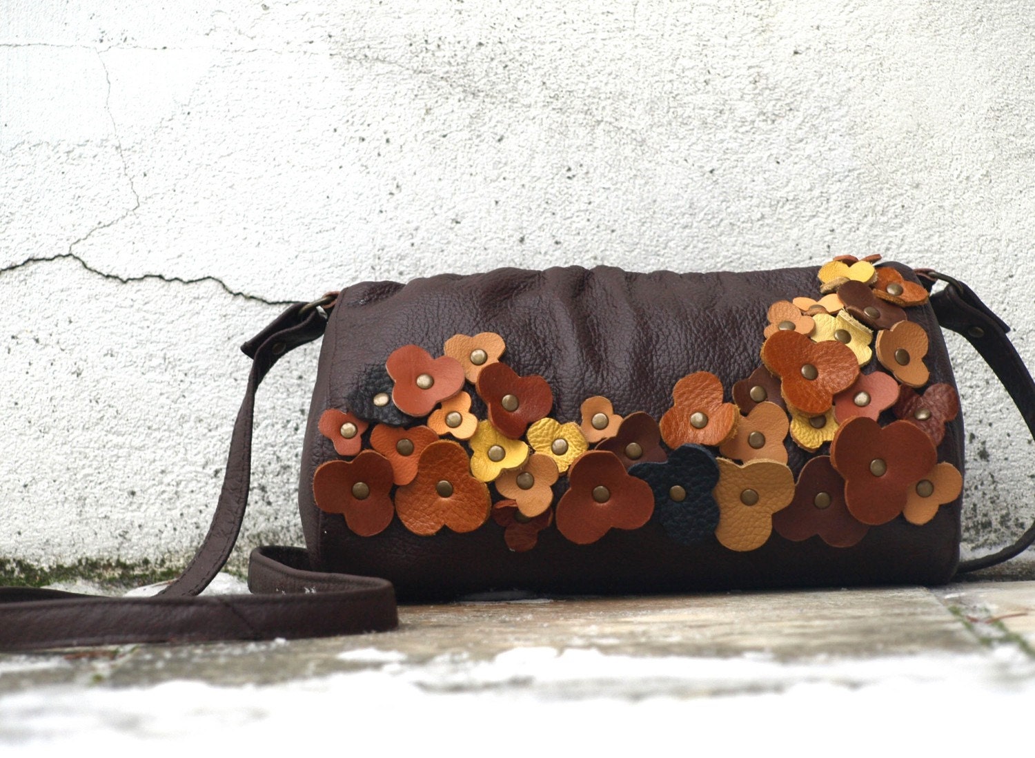 Black Friday Etsy Cyber Monday Sale Leather Messenger Bag . Rustic Woodland Floral Embellishment .