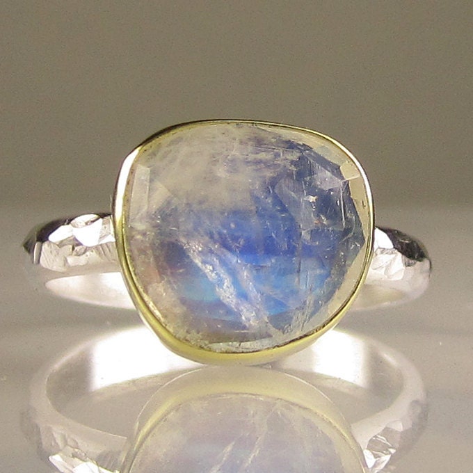 Rose Cut Rainbow Moonstone Ring - 18k Gold and Sterling